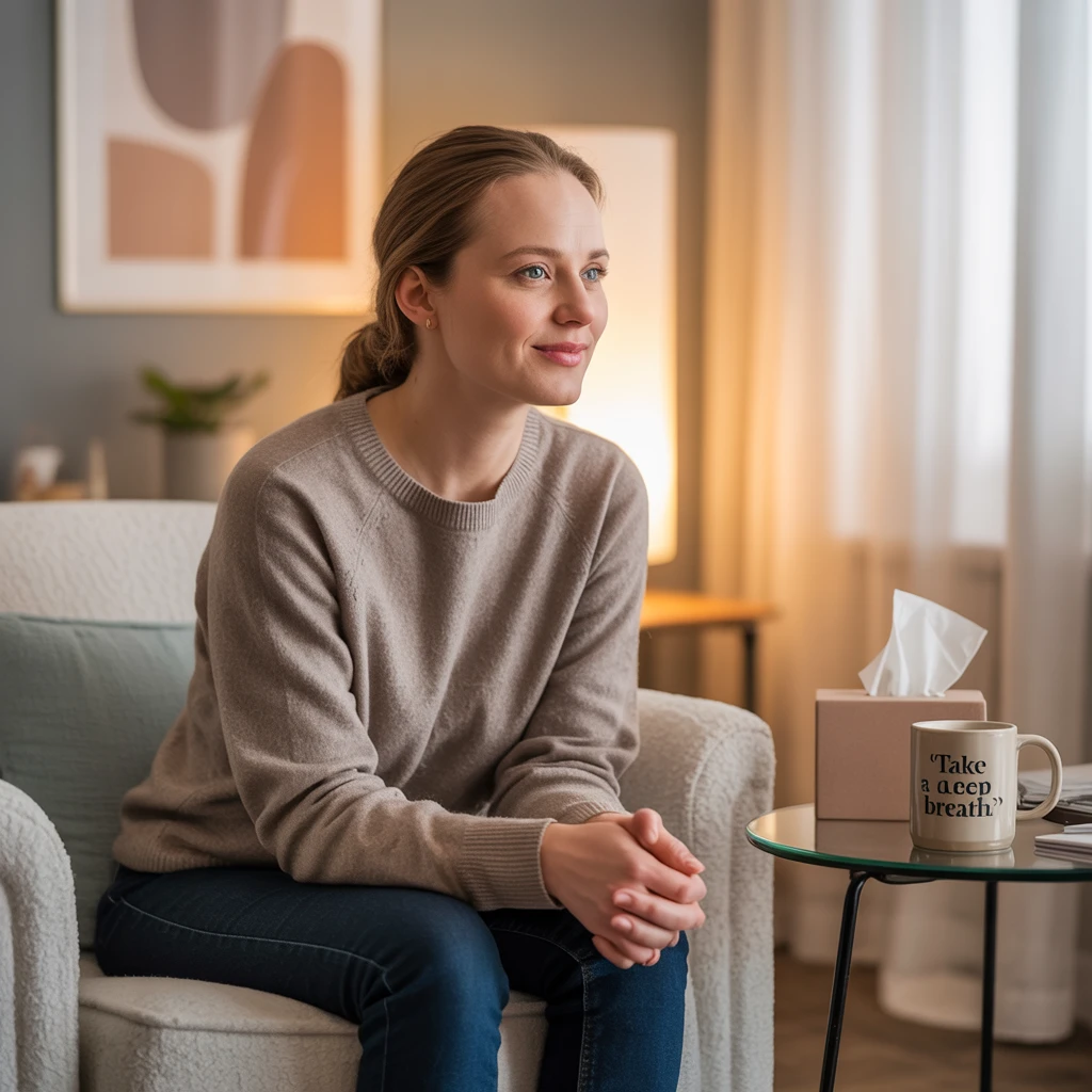 Woman in traditional therapy session for shame and guilt
